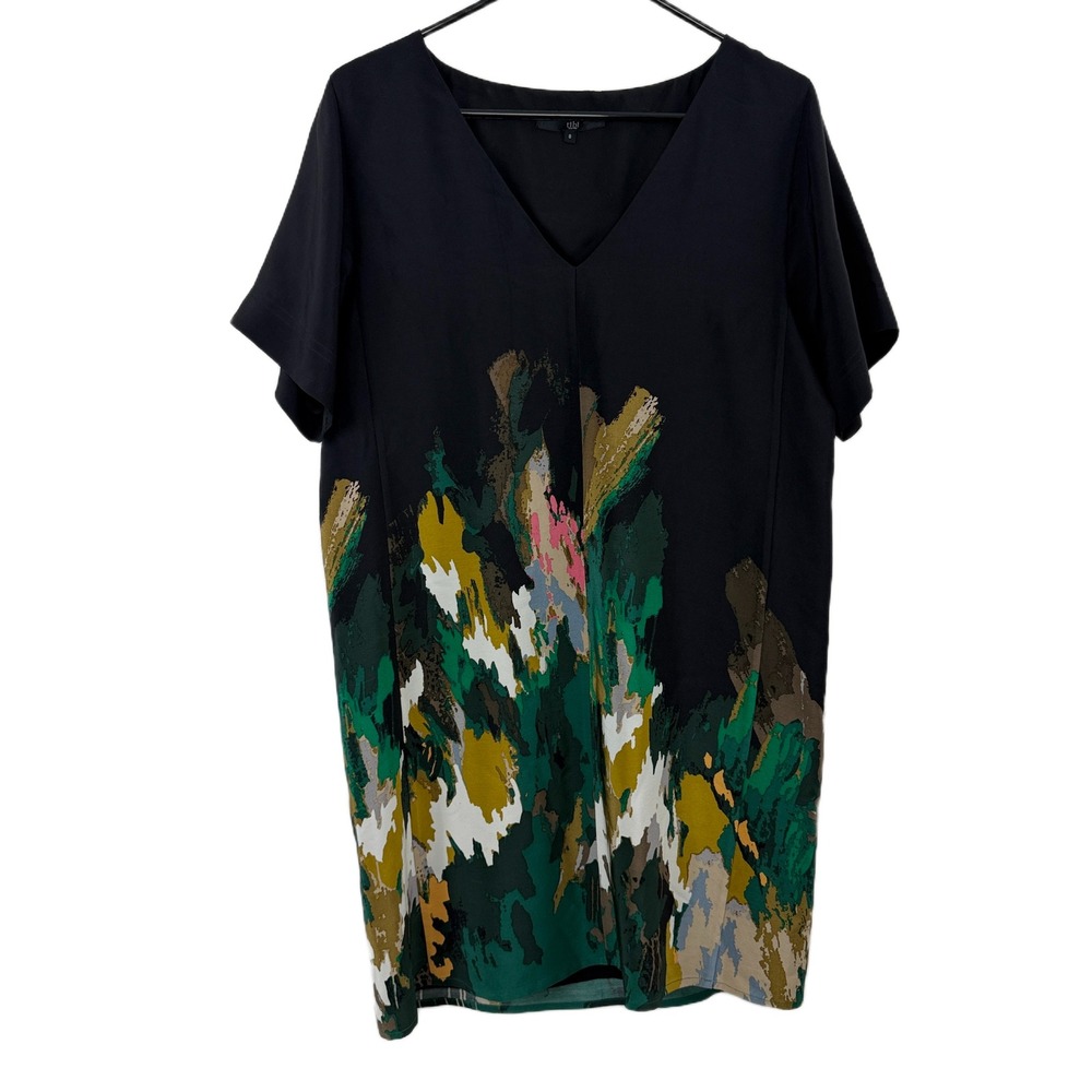 Tibi Dress Womens 8 Black Silk Abstract Print V Neck Short Sleeve Shift Career